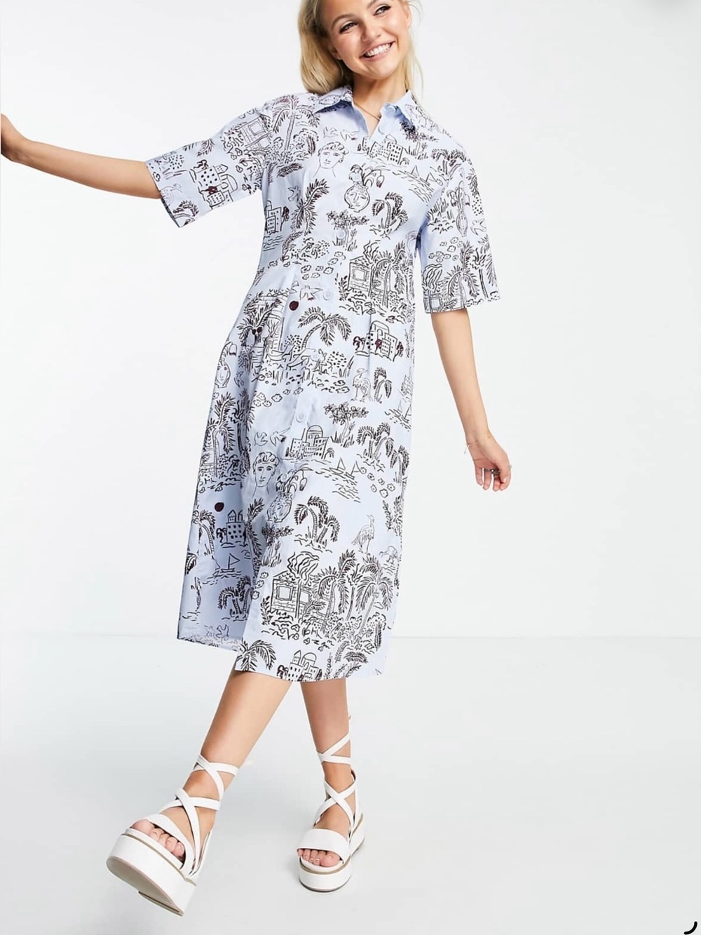 Monki Pale Blue Shirt Dress with Maroon Botanical Print